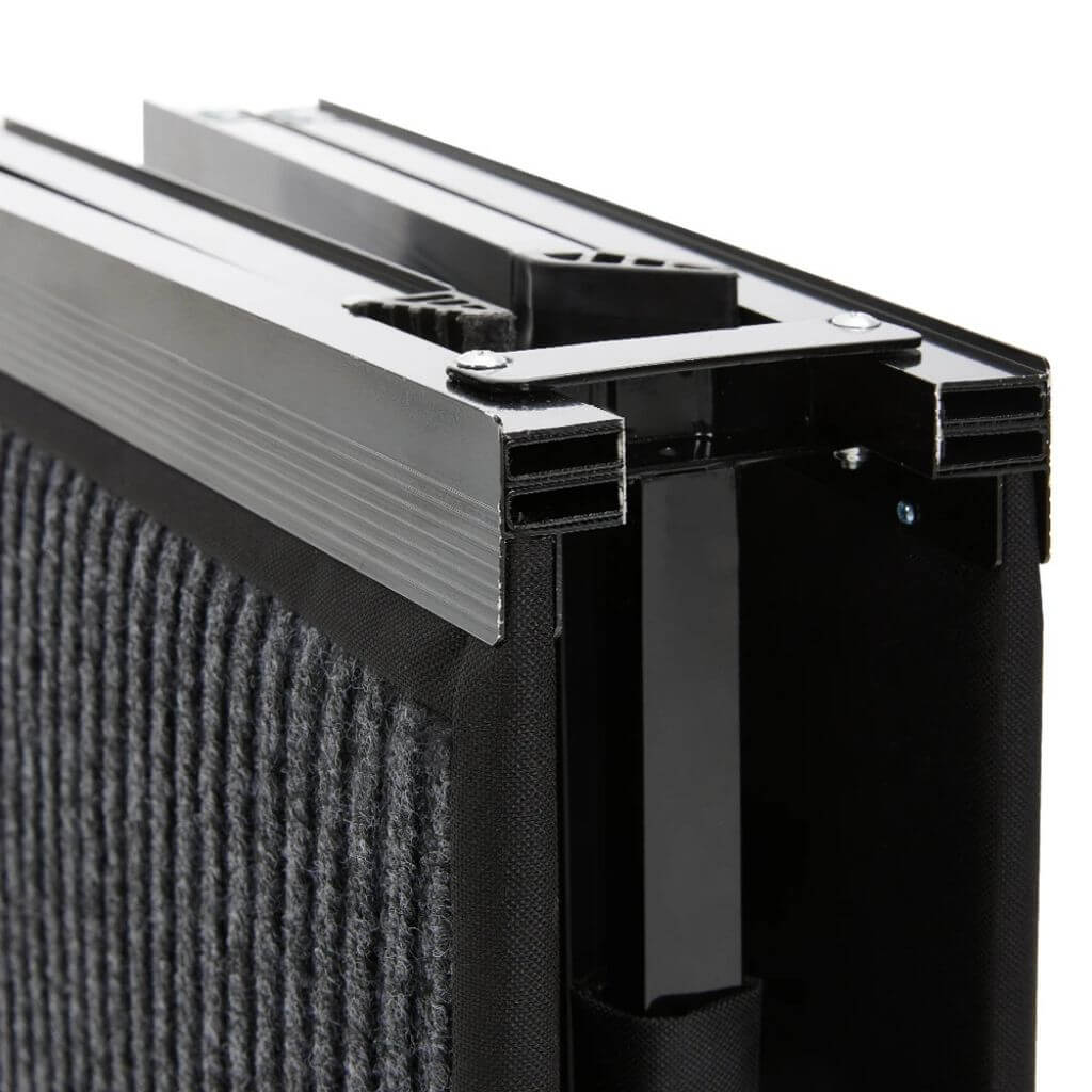 Close-up of a black dog ramp with ribbed metal surface on a white background