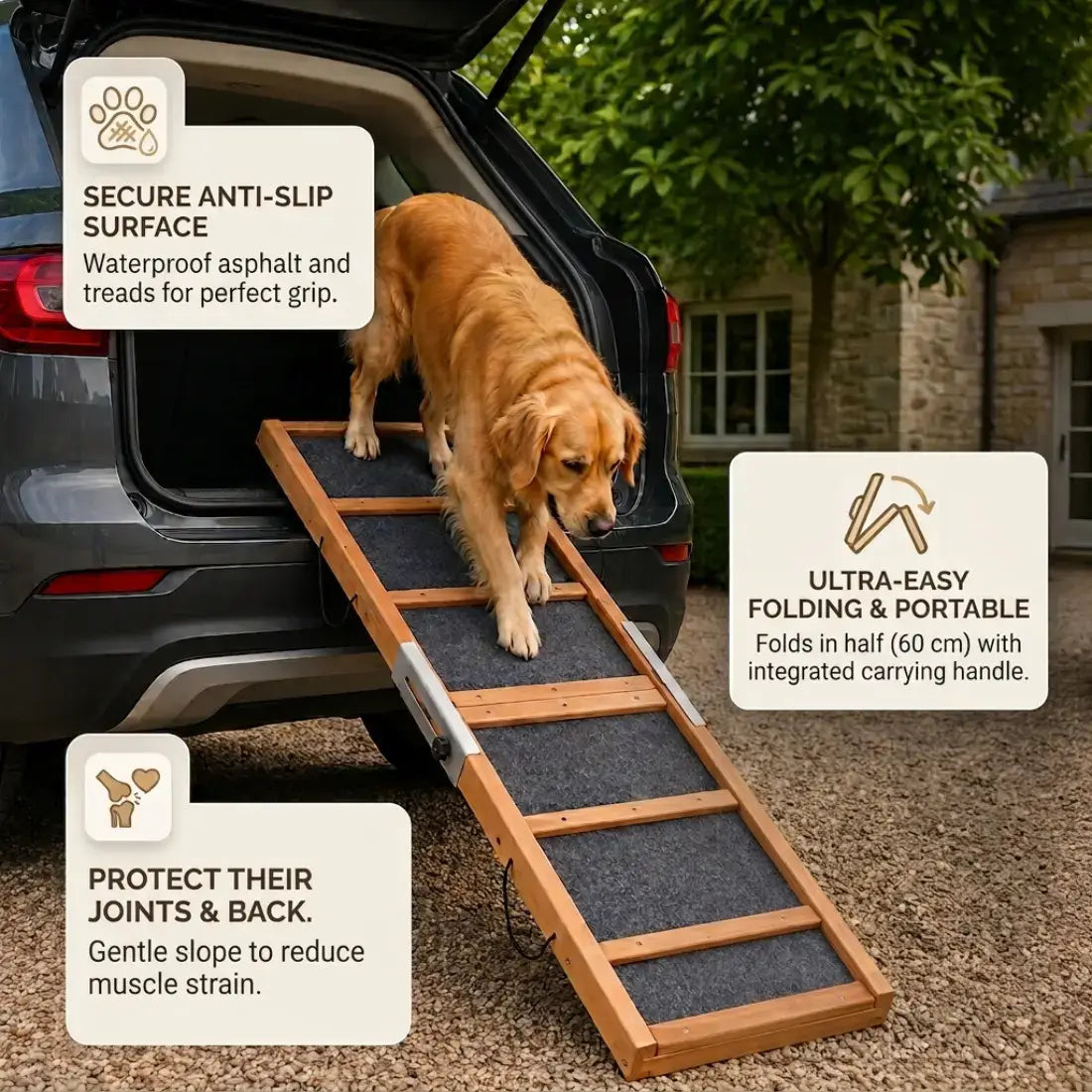 A wooden pet ramp with dark non-slip steps is shown deployed from the open trunk of a gray SUV, with a golden retriever walking down it. The scene is outdoors on gravel in front of a house, with three white informational callouts highlighting features like secure anti-slip surface, ultra-easy folding/portable design, and joint protection.