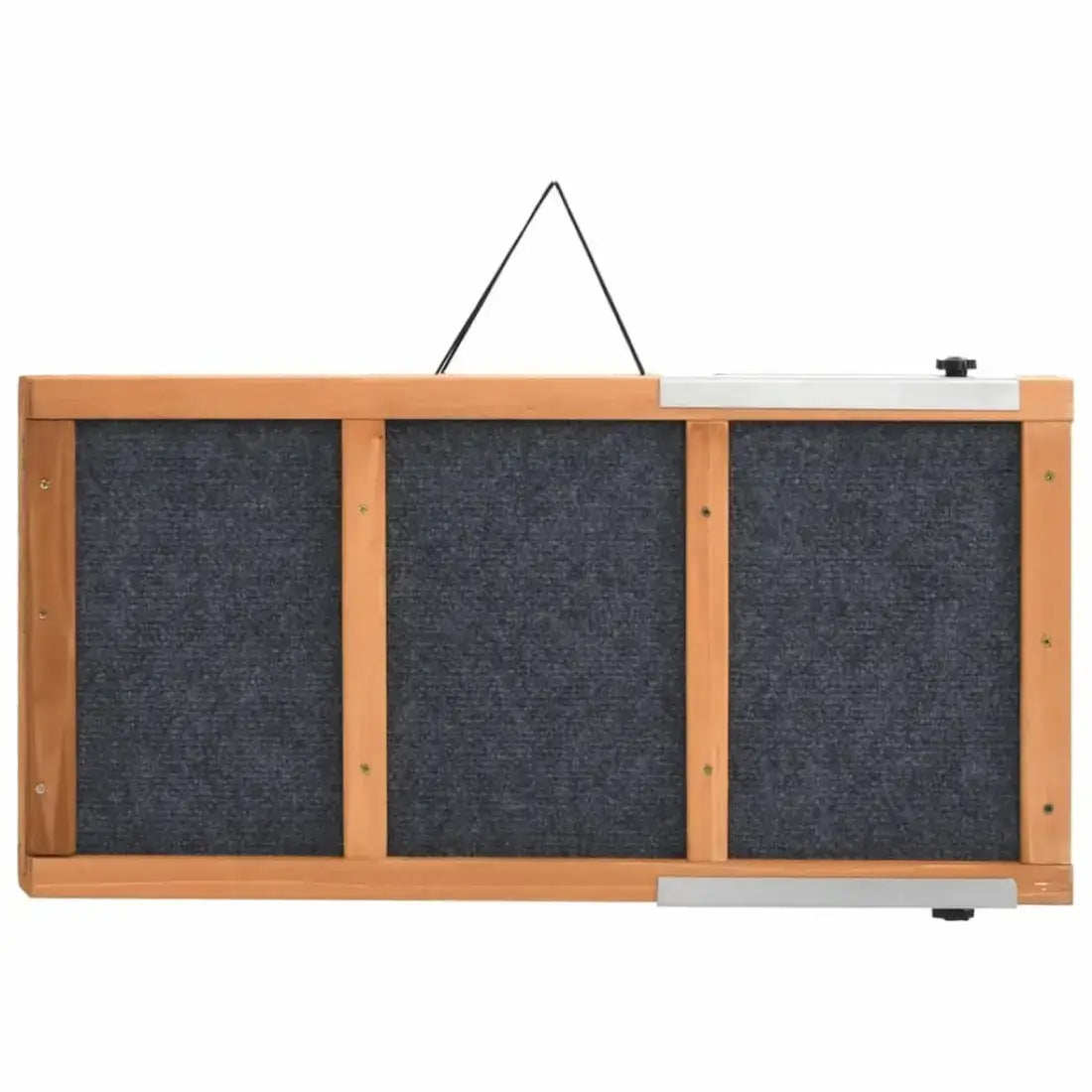 A wooden-framed wall-mounted display board with three dark gray fabric panels, shown against a plain white background. A black hanging strap is attached at the top, and small metal hardware is visible along the bottom and sides.