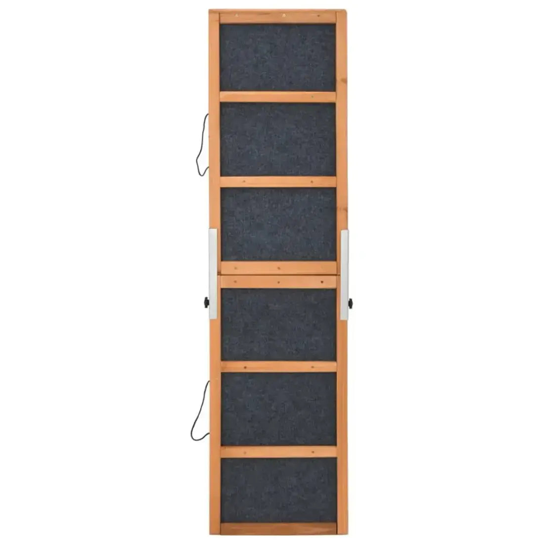 A wooden folding screen door with five dark gray felt panels, featuring silver metal handles and a black power cord on the side, shown against a plain white background.