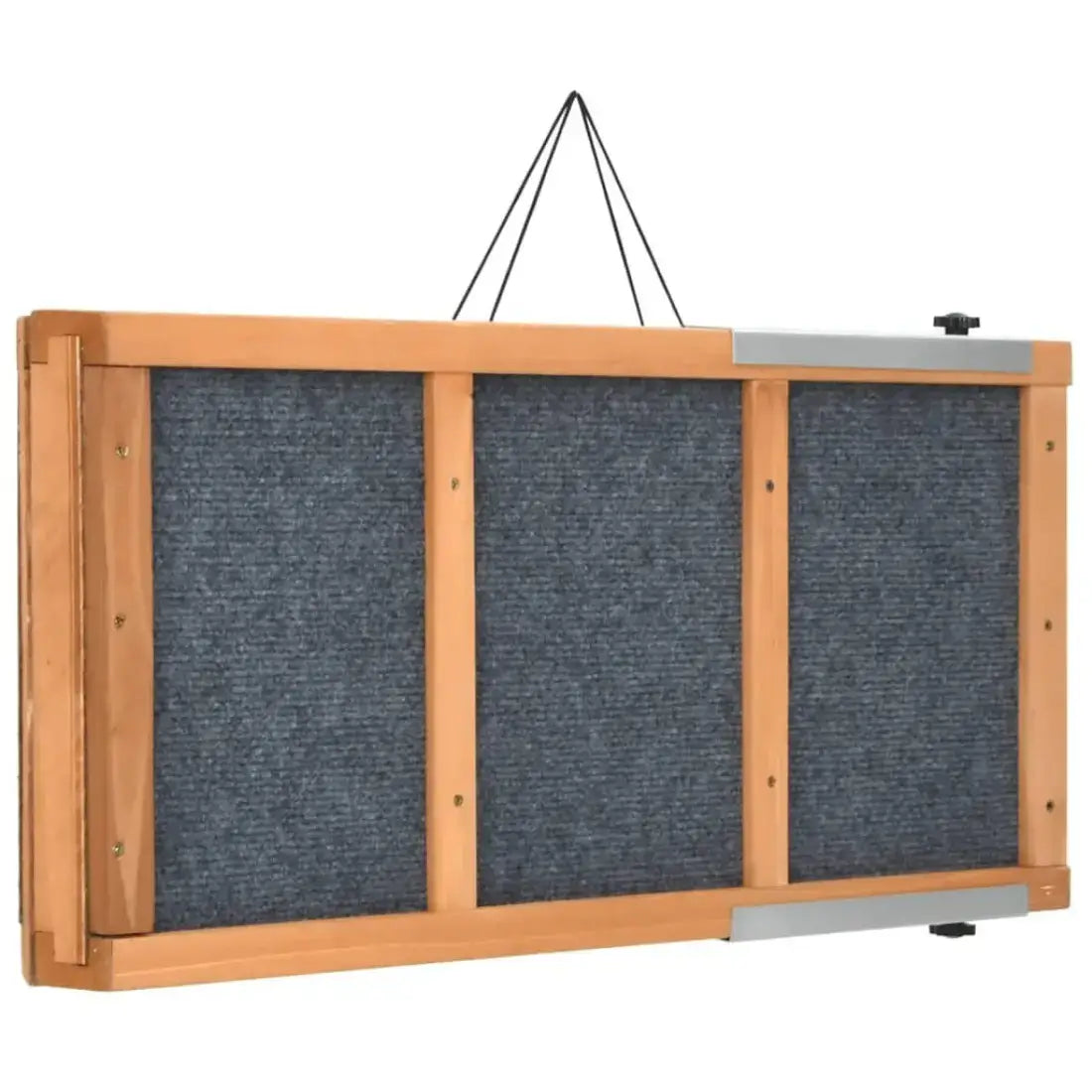 A wooden-framed wall-mounted acoustic panel with three dark gray fabric-covered sections and silver metal mounting brackets, shown against a plain white background.