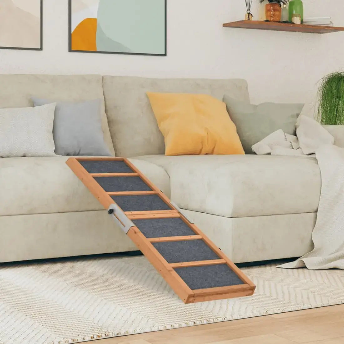 Pet ramp in front of a beige sofa with colorful cushions in a living room setting.