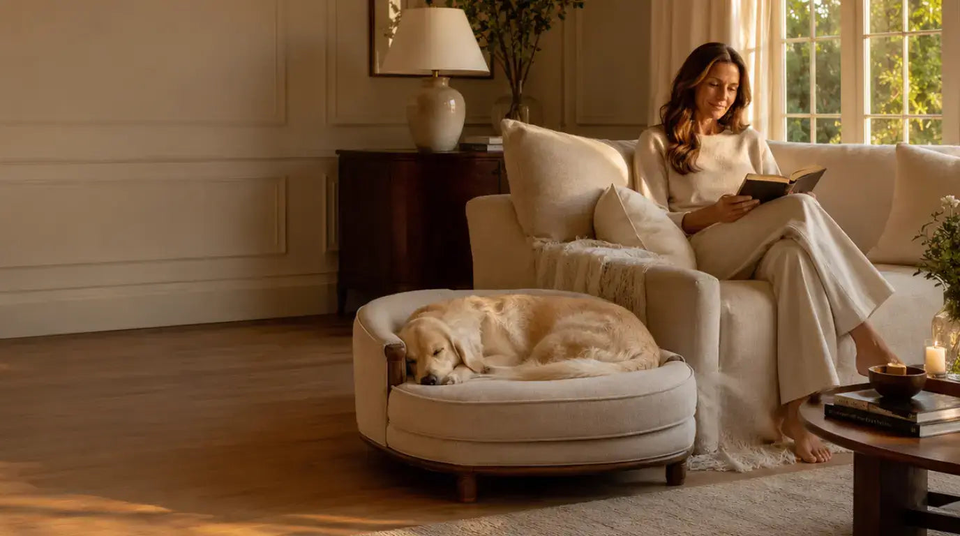 Golden Retriever sleeping on a luxury dog sofa beside a woman reading on a linen sofa in an elegant British home interior with warm golden-hour sunlight
