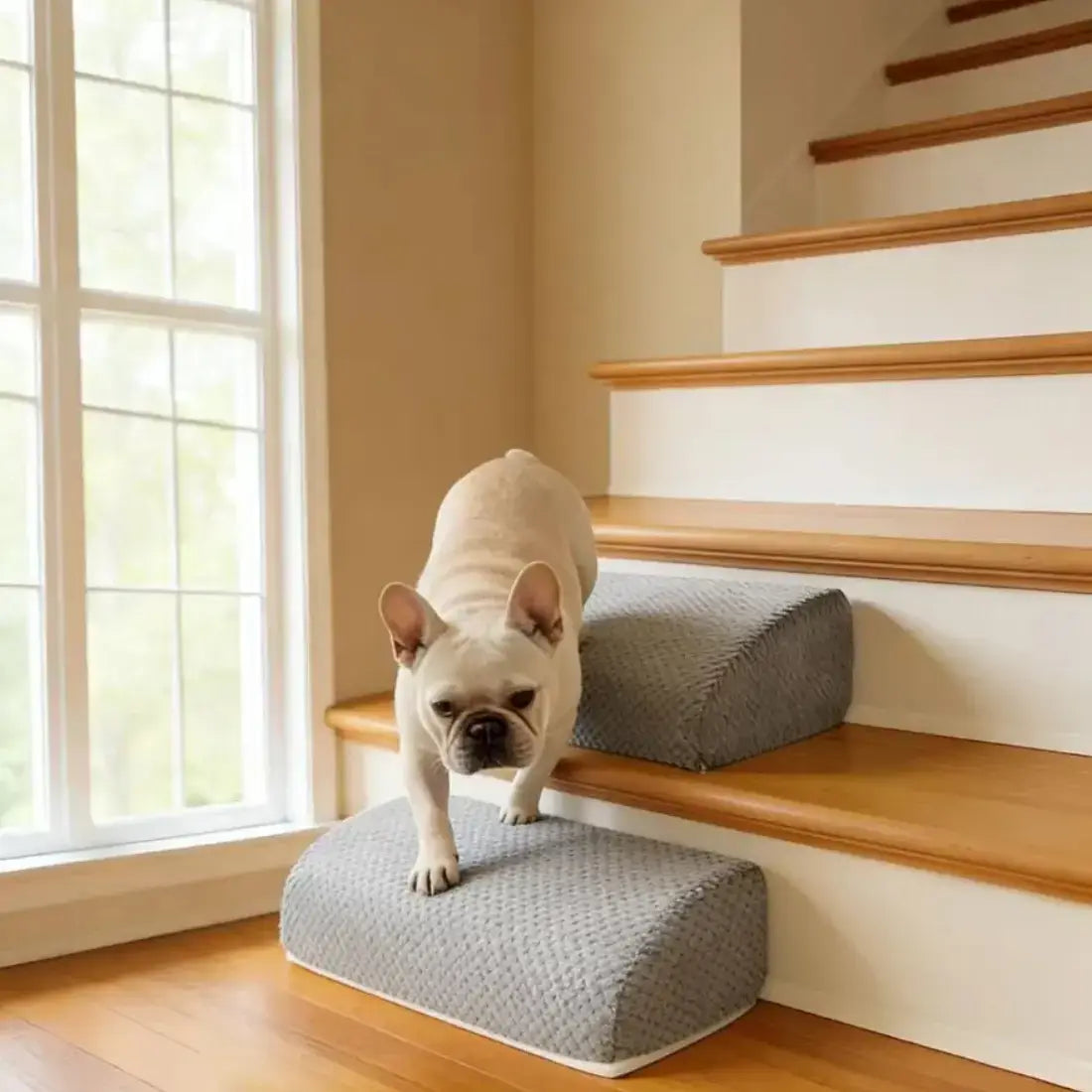 Dog standing on a pet staircase in a home setting