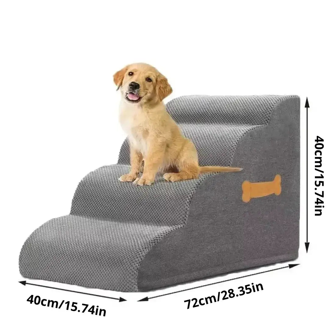 A small golden retriever sits on a three-step gray pet staircase with overlaid dimension labels showing 40cm height and 72cm width, on a plain white background.
