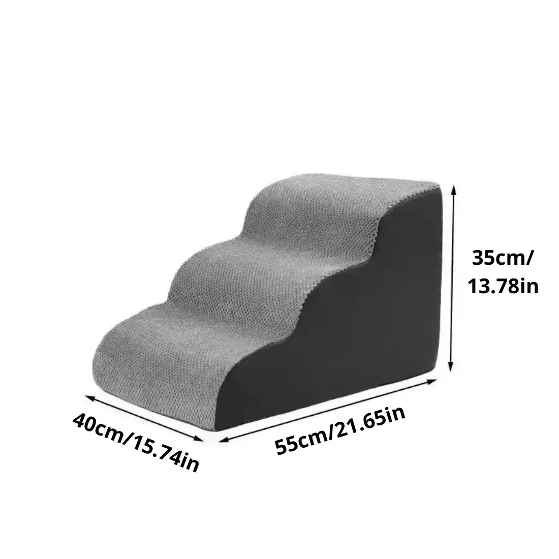 Three-step gray cat stairs with dimension labels showing 40cm/15.74in width, 55cm/21.