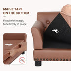 Black mat with magic tape on the bottom being applied to a brown leather dog sofa.