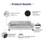 Gray velvelt dog sofa with features highlighted and text describing each feature.