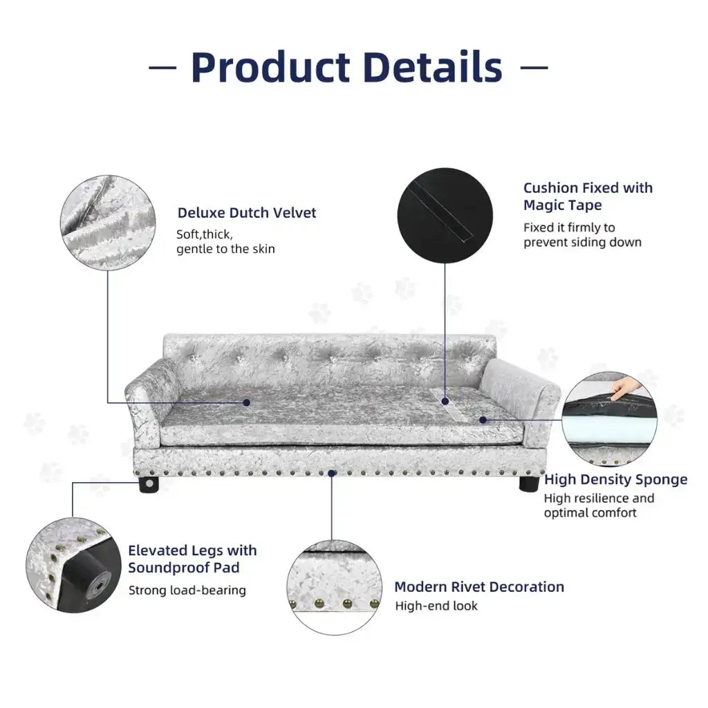 Gray velvelt dog sofa with features highlighted and text describing each feature.