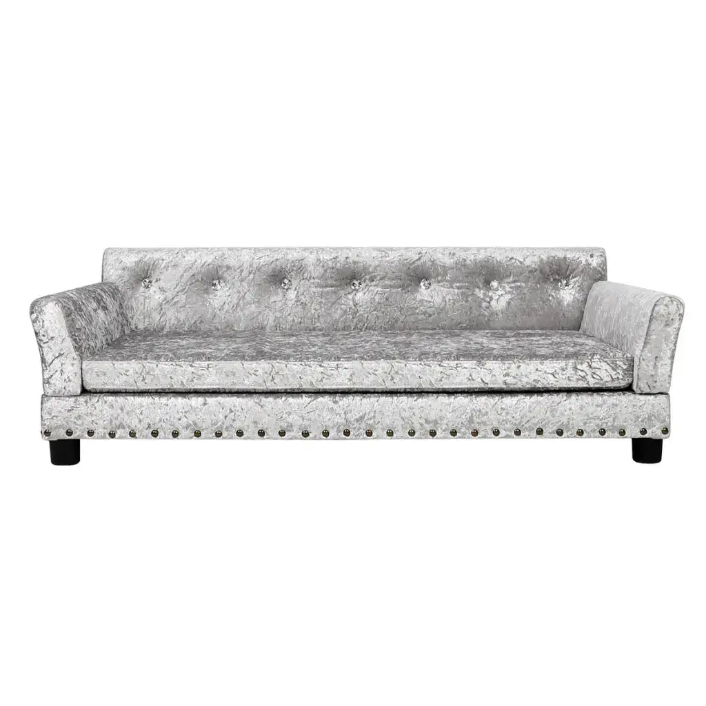 Gray textured large gray dog sofa with buttoned backrest on a white background
