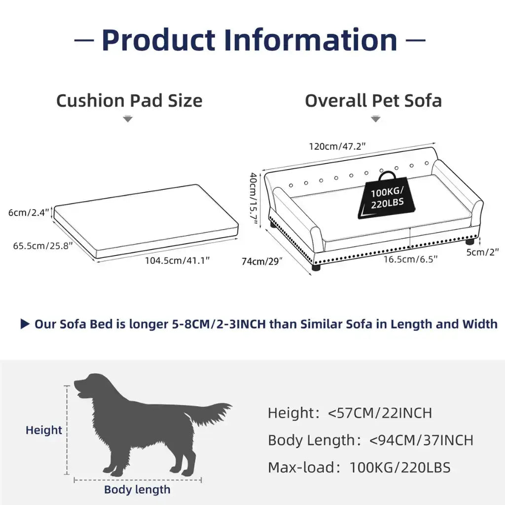Product information for a pet sofa with dimensions and specifications.