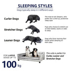Diagram showing different sleeping styles of dogs with corresponding illustrations and text.