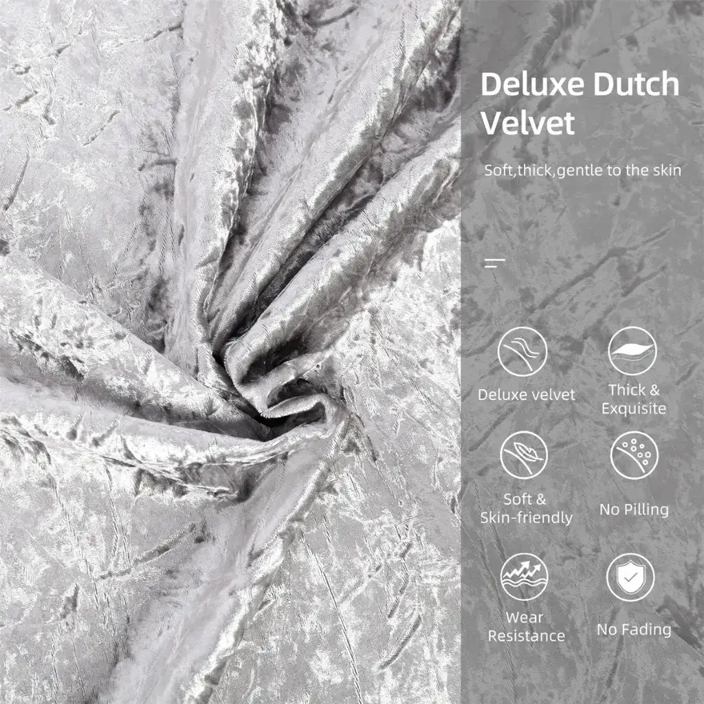 Close-up of Dutch Velvet fabric with text highlighting its features.