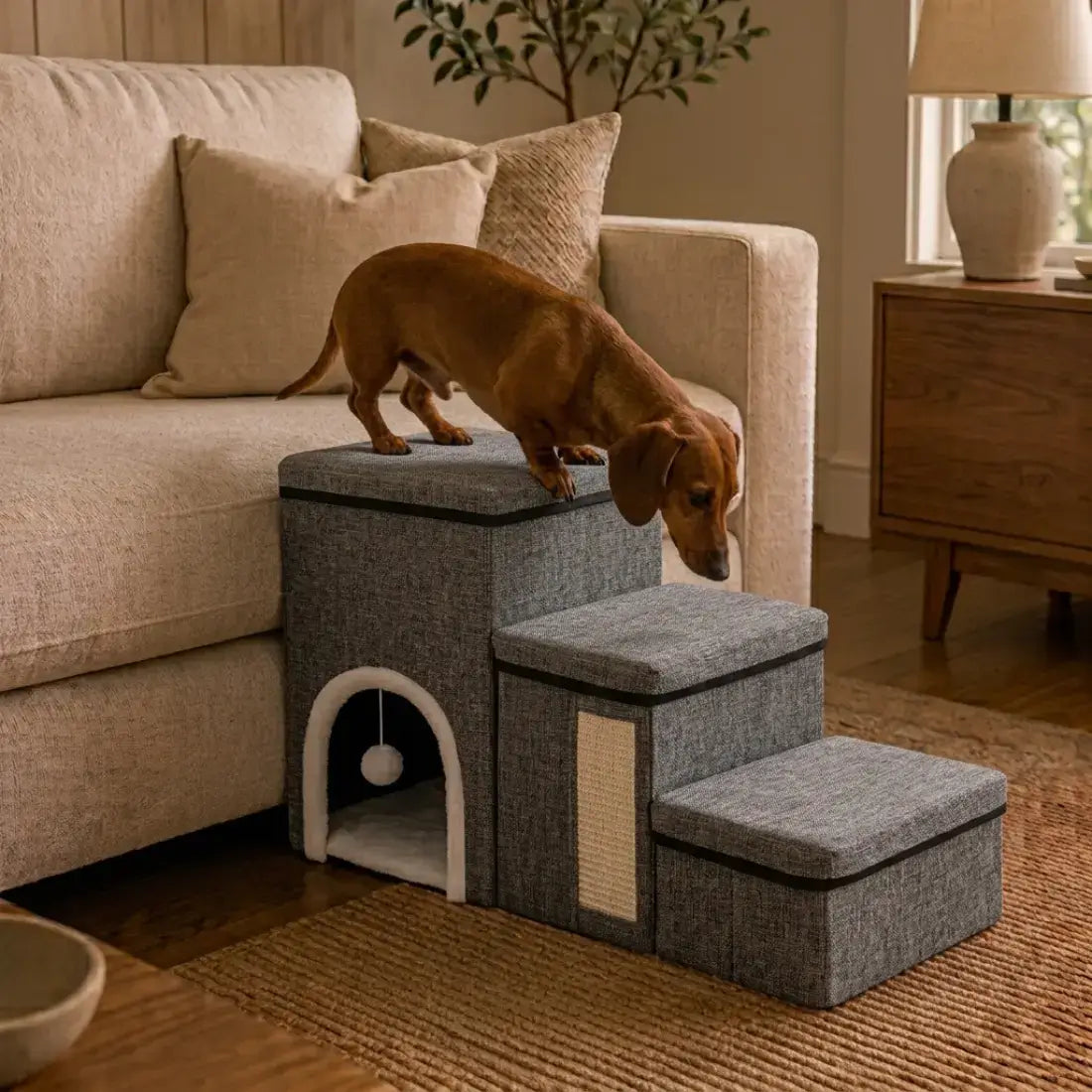 A dachshund stands on a gray fabric pet stairs and playhouse next to a beige sofa in a living room setting.