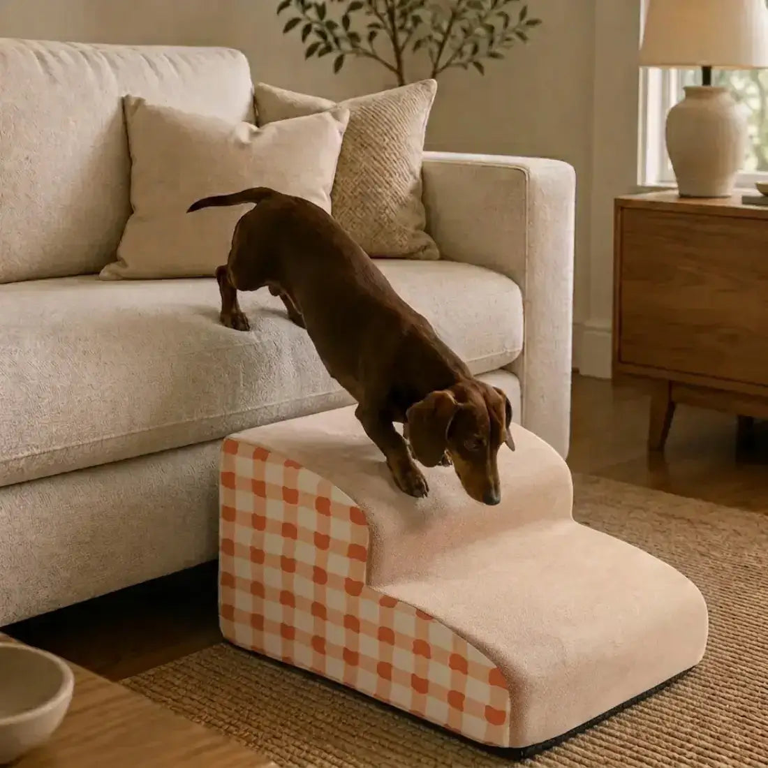 A dachshund dog is climbing a two-step pet stairs ramp positioned in front of a light beige sofa in a cozy living room setting.