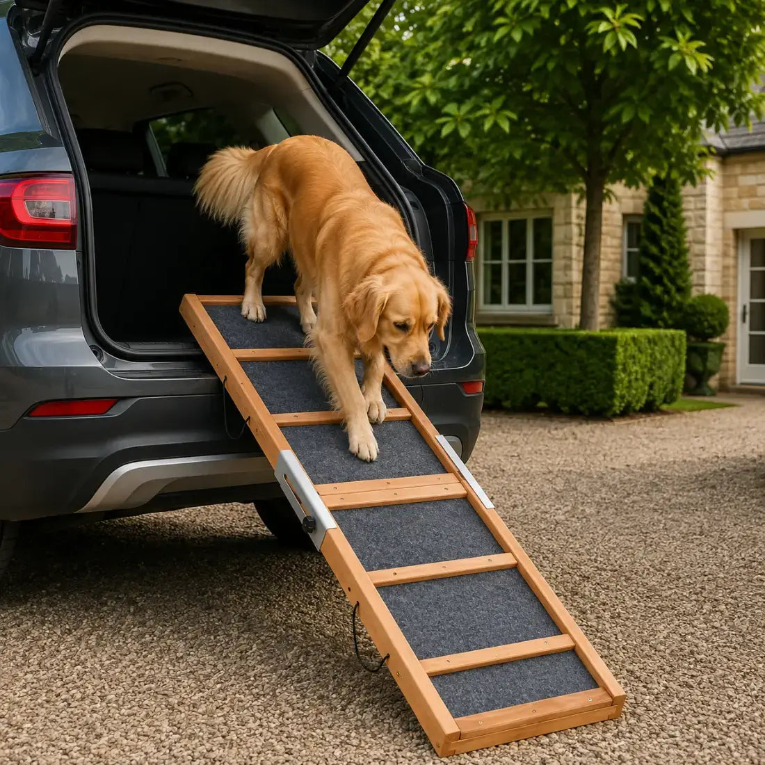 A golden retriever dog walks down a wooden pet car ramp with dark gray textured steps from the open trunk of a gray SUV, parked on a gravel driveway in front of a house.