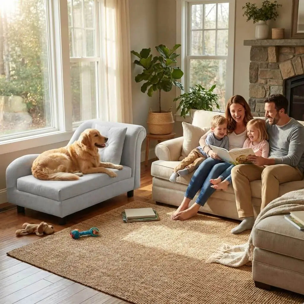 Family with children and dog on dog sofa in a cozy living room