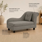 Gray dog sofa lounge with features highlighted on a wooden floor.