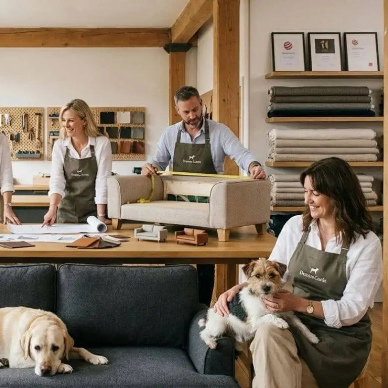 People working in a furniture store with a dog on a couch