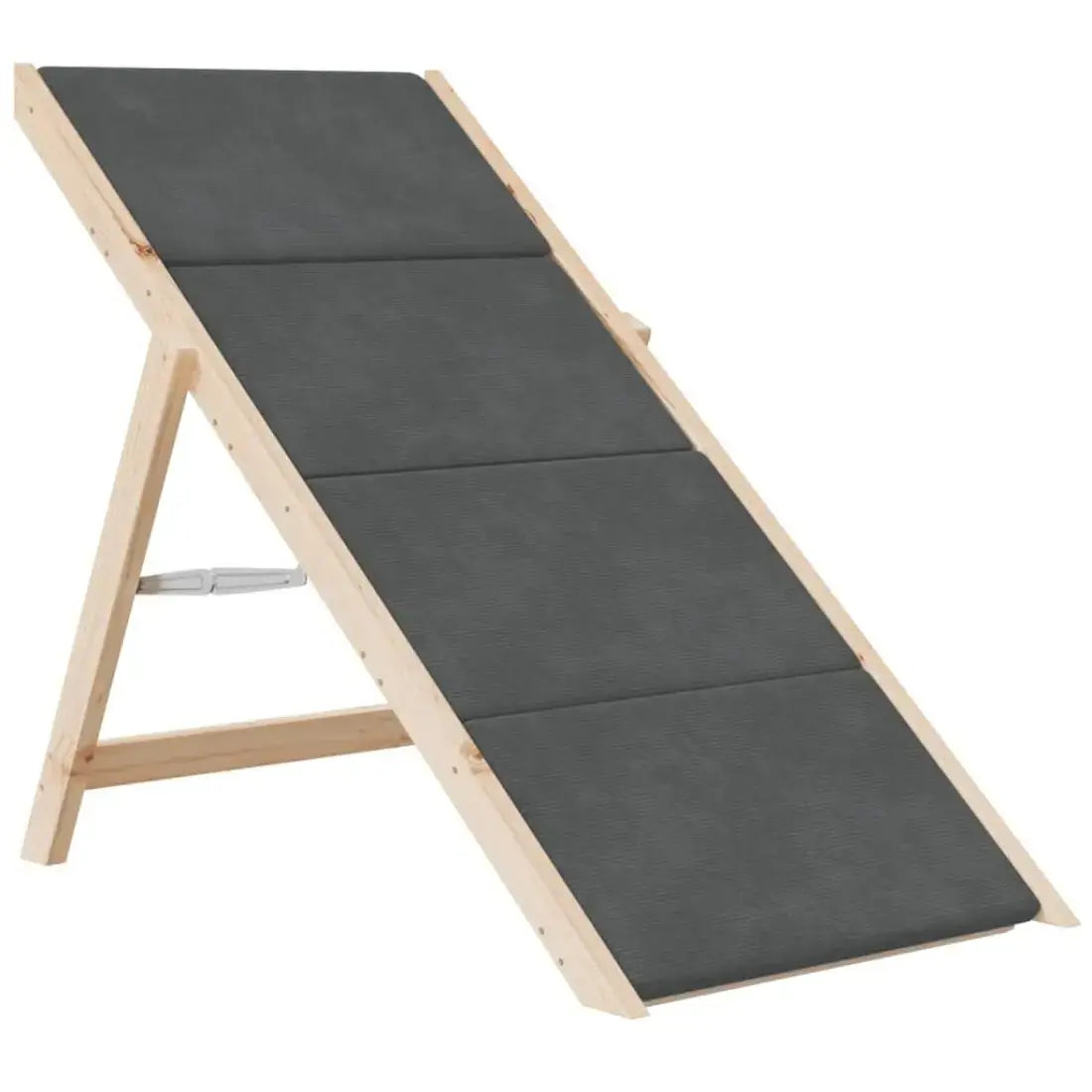 Foldable wooden sun lounger with dark gray cushions on a white background